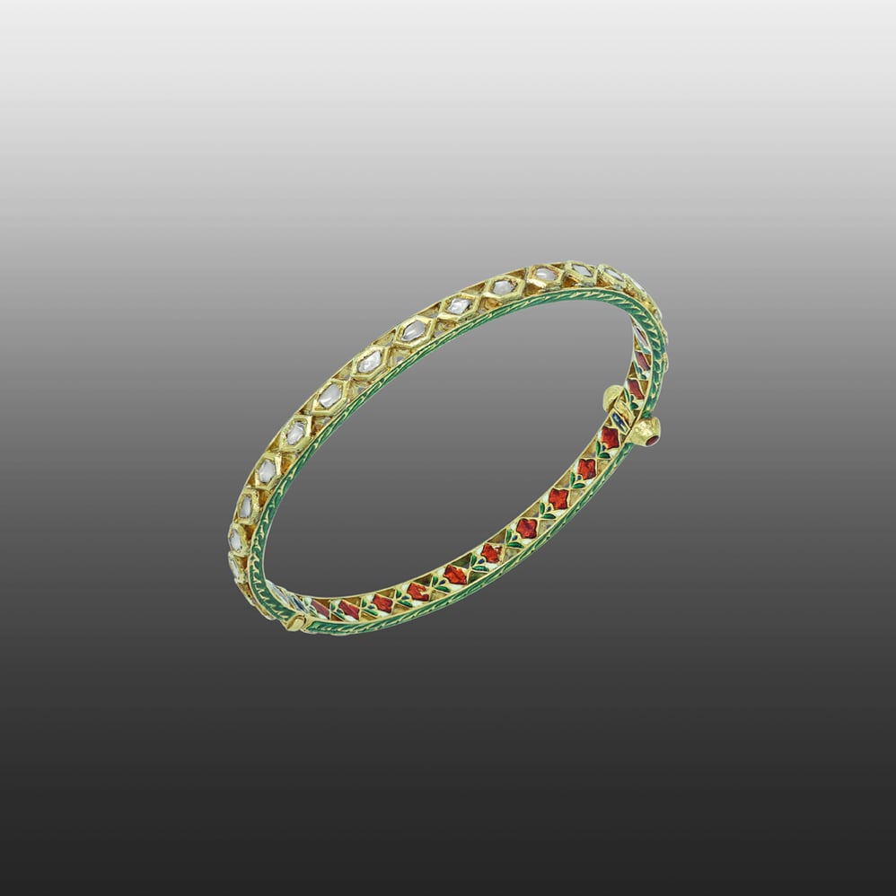 Geometric Polki Bangle with Red Enamel Accents